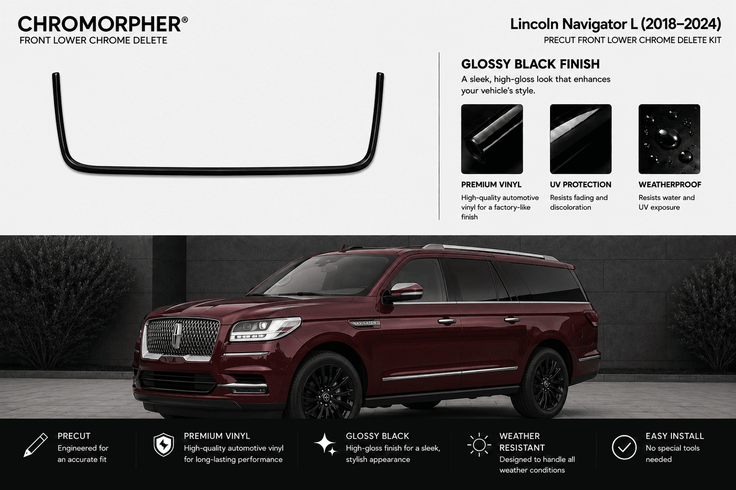 Chromorpher Lincoln Navigator L gloss black chrome delete kit promotional graphic, showing the U-shaped front lower chrome delete piece at top left, feature callouts, and a large maroon Lincoln Navigator L vehicle at the bottom on a dark outdoor-style background.