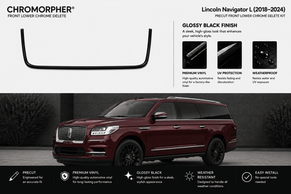 Chromorpher Lincoln Navigator L gloss black chrome delete kit promotional graphic, showing the U-shaped front lower chrome delete piece at top left, feature callouts, and a large maroon Lincoln Navigator L vehicle at the bottom on a dark outdoor-style background.