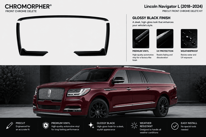 Chromorpher Lincoln Navigator L front chrome delete kit shown with a large black trim outline on a white background and a red Lincoln Navigator SUV below, with feature callouts for glossy black finish, premium vinyl, UV protection, weatherproof, and precut installation.