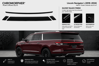 Chromorphor Lincoln Navigator L trunk chrome delete kit shown as a black trim piece above a dark red SUV on a dark gray background, with feature callouts including glossy black finish, premium vinyl, UV protection, and weatherproof.