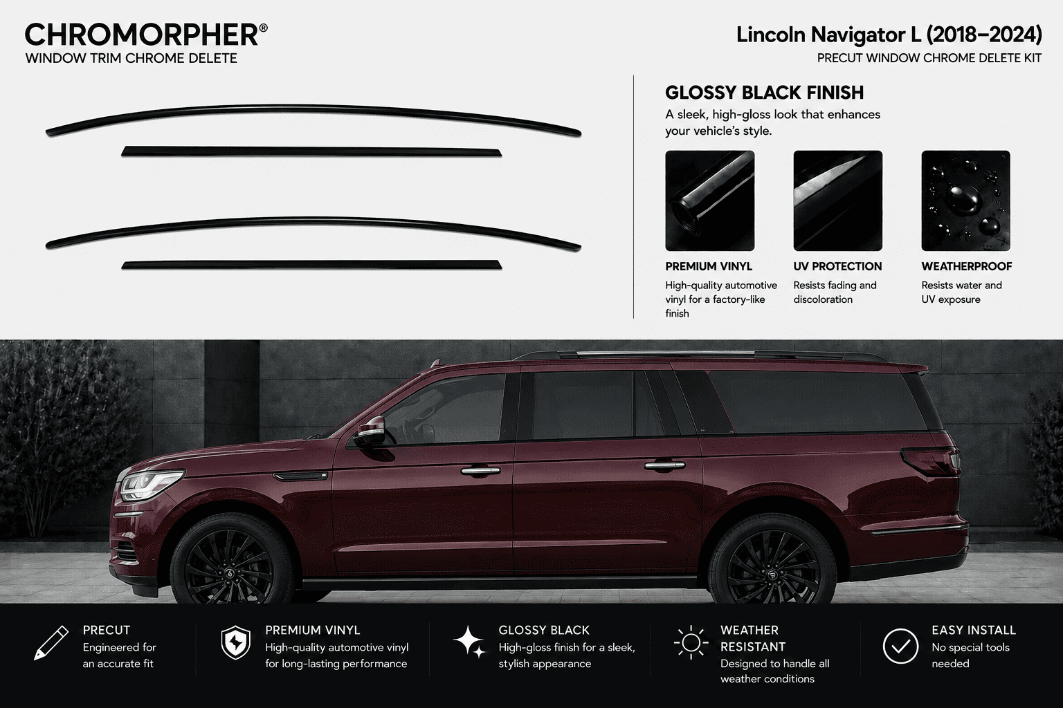 Chromorpher Lincoln Navigator L window trim chrome delete kit shown with two black curved trim pieces on a white background above a side view of a dark red Lincoln Navigator SUV. Text highlights glossy black finish, UV protection, weatherproof design, and easy installation.