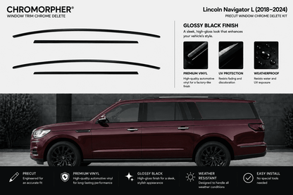 Chromorpher Lincoln Navigator L window trim chrome delete kit shown with two black curved trim pieces on a white background above a side view of a dark red Lincoln Navigator SUV. Text highlights glossy black finish, UV protection, weatherproof design, and easy installation.