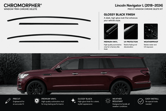Chromorpher Lincoln Navigator L window trim chrome delete kit shown with two black curved trim pieces on a white background above a side view of a dark red Lincoln Navigator SUV. Text highlights glossy black finish, UV protection, weatherproof design, and easy installation.