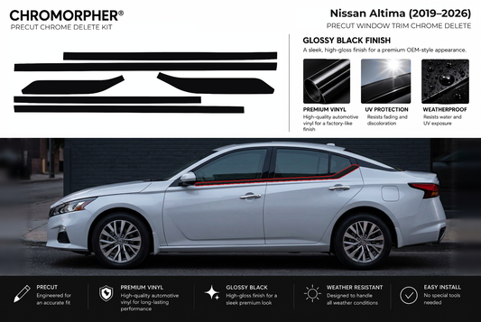 ChroMorpher Nissan Altima window trim precut chrome delete kit (2019–2026) showing the precut vinyl pieces and the trim area outlined in red.