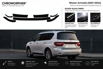 ChroMorpher Nissan Armada rear bumper precut chrome delete kit (2021–2024) showing the precut vinyl pieces and the trim area outlined in red.