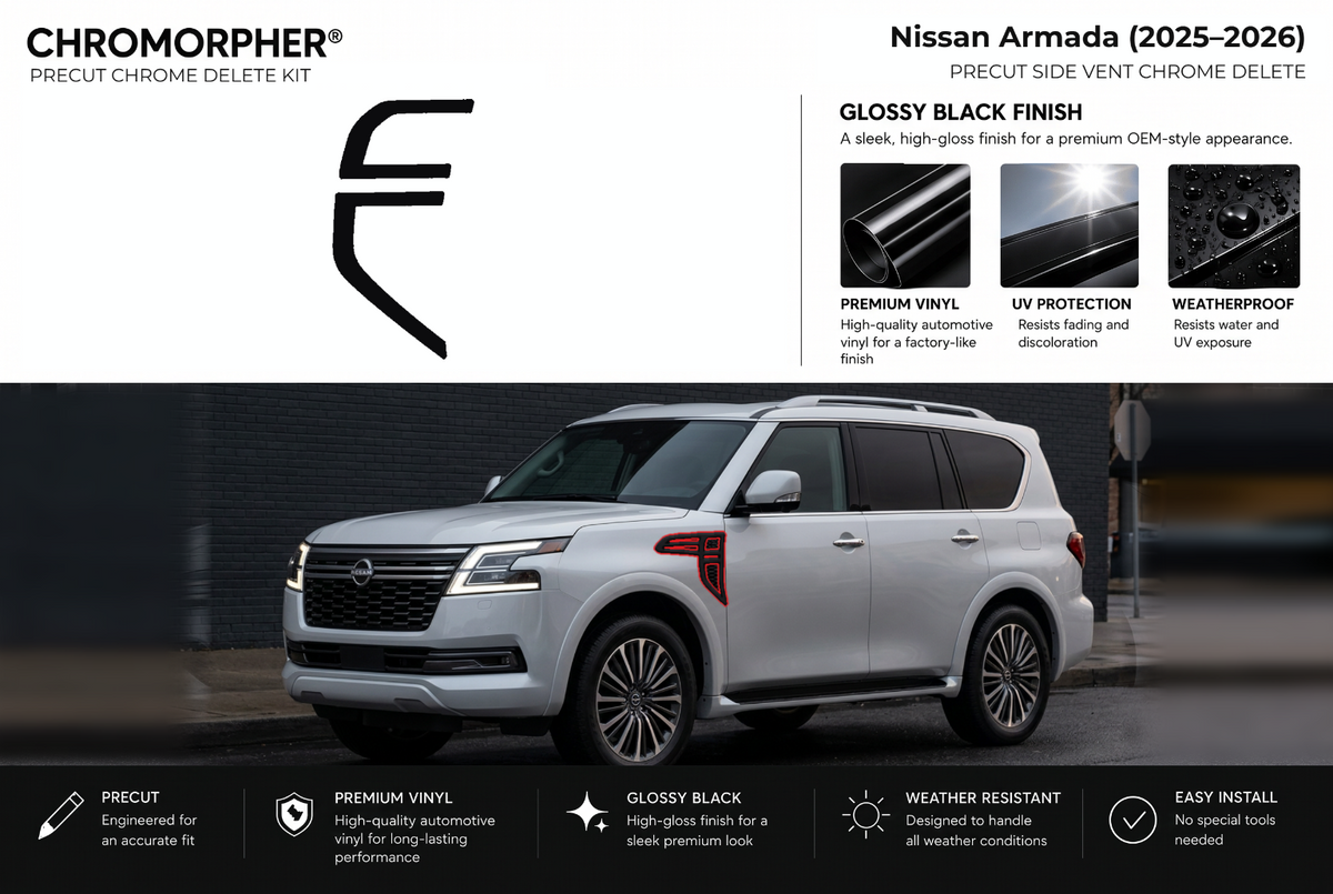 ChroMorpher Nissan Armada side vents precut chrome delete kit (2025–2026) showing the precut vinyl pieces and the trim area outlined in red.