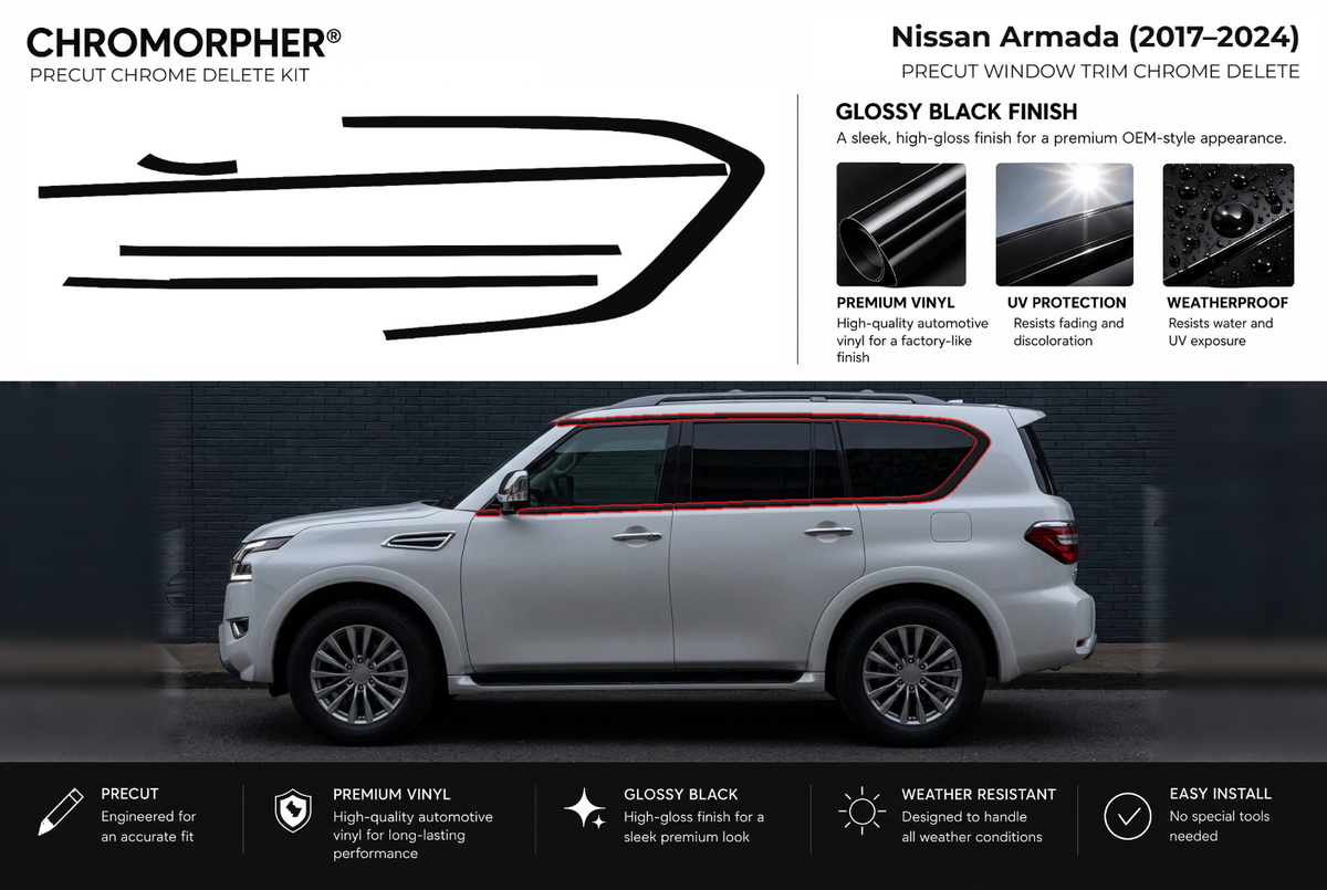 ChroMorpher Nissan Armada window trim precut chrome delete kit (2017–2024) showing the precut vinyl pieces and the trim area outlined in red.