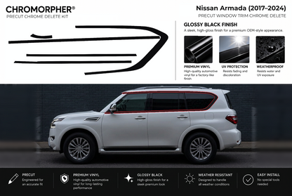 ChroMorpher Nissan Armada window trim precut chrome delete kit (2017–2024) showing the precut vinyl pieces and the trim area outlined in red.