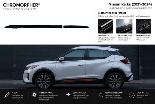 ChroMorpher Nissan Kicks side skirts precut chrome delete kit (2021–2024) showing the precut vinyl pieces and the trim area outlined in red.
