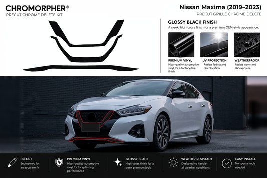 ChroMorpher Nissan Maxima grille precut chrome delete kit (2019–2023) showing the precut vinyl pieces and the trim area outlined in red.