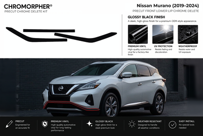 ChroMorpher Nissan Murano front lower lip precut chrome delete kit (2019–2024) showing the precut vinyl pieces and the trim area outlined in red.