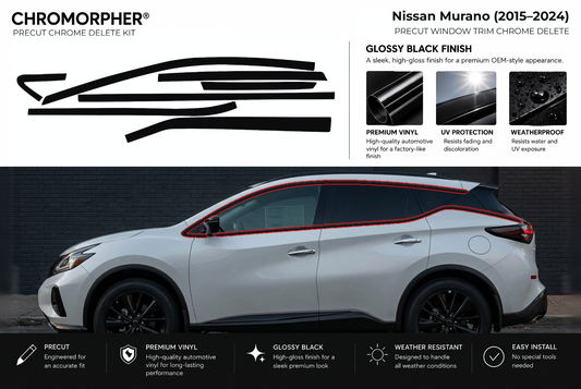 ChroMorpher Nissan Murano window trim precut chrome delete kit (2015–2024) showing the precut vinyl pieces and the trim area outlined in red.