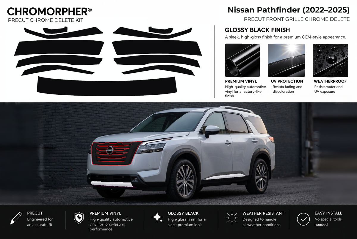 ChroMorpher Nissan Pathfinder front grille precut chrome delete kit (2022–2025) showing the precut vinyl pieces and the trim area outlined in red.
