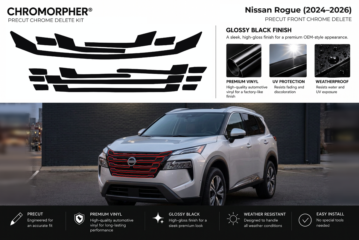 ChroMorpher Nissan Rogue front precut chrome delete kit (2024–2026) showing the precut vinyl pieces and the trim area outlined in red.