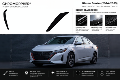 ChroMorpher Nissan Sentra front grille precut chrome delete kit (2024–2025) showing the precut vinyl pieces and the trim area outlined in red.