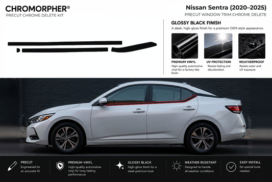 ChroMorpher Nissan Sentra window trim precut chrome delete kit (2020–2025) showing the precut vinyl pieces and the trim area outlined in red.