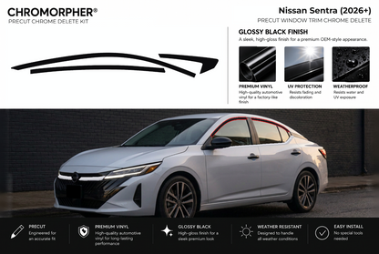 ChroMorpher Nissan Sentra window trim precut chrome delete kit (2026+) showing the precut vinyl pieces and the trim area outlined in red.