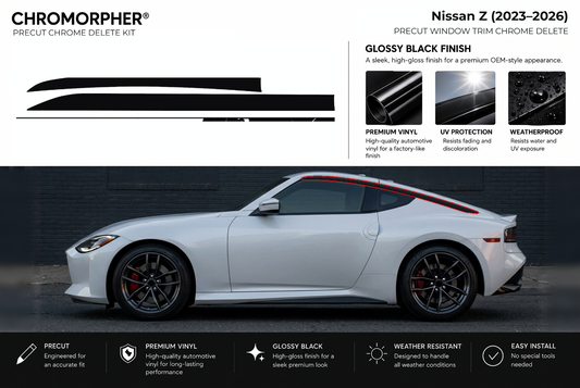 ChroMorpher Nissan Z window trim precut chrome delete kit (2023–2026) showing the precut vinyl pieces and the trim area outlined in red.