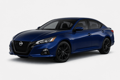 A blue Nissan sedan photographed at a three-quarter front angle on a clean light gray studio background.