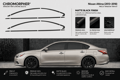 Nissan Altima 2013-2018 Chromorpher Window Trim Chameleon Delete kit in matte black finish, shown with the black trim pieces at the top and a silver sedan at the bottom illustrating the application.