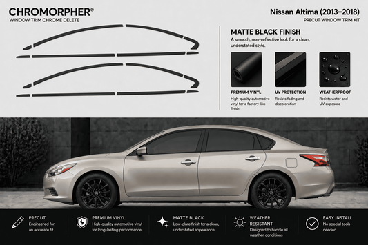 Nissan Altima 2013-2018 Chromorpher Window Trim Chameleon Delete kit in matte black finish, shown with the black trim pieces at the top and a silver sedan at the bottom illustrating the application.