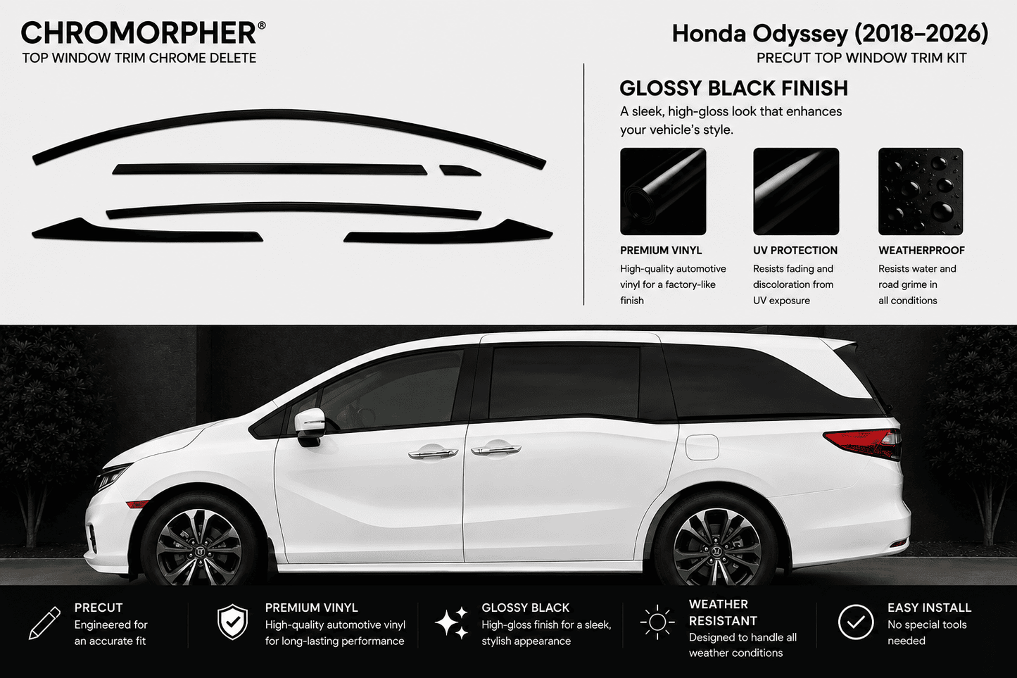 Chrome Morpher Honda Odyssey top window trim kit in glossy black finish. The image features a white Honda Odyssey minivan on a dark background with black window trim samples shown at the top, along with feature callouts and installation icons.
