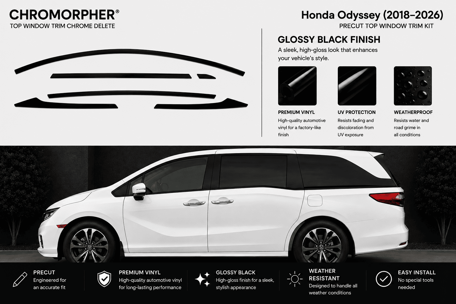 Chrome Morpher Honda Odyssey top window trim kit in glossy black finish. The image features a white Honda Odyssey minivan on a dark background with black window trim samples shown at the top, along with feature callouts and installation icons.