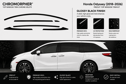 Chrome Morpher Honda Odyssey top window trim kit in glossy black finish. The image features a white Honda Odyssey minivan on a dark background with black window trim samples shown at the top, along with feature callouts and installation icons.