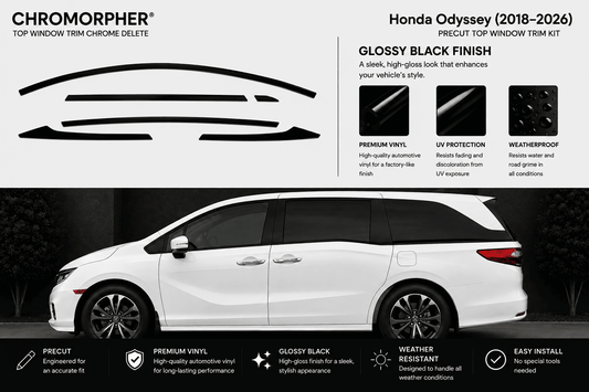 Chrome Morpher Honda Odyssey top window trim kit in glossy black finish. The image features a white Honda Odyssey minivan on a dark background with black window trim samples shown at the top, along with feature callouts and installation icons.