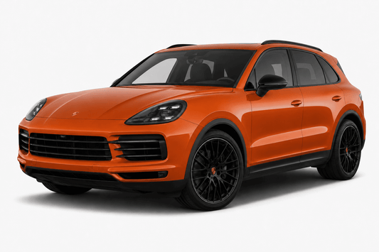 An orange Porsche Cayenne SUV with black wheels and trim, photographed from a three-quarter front angle on a light gray studio background.