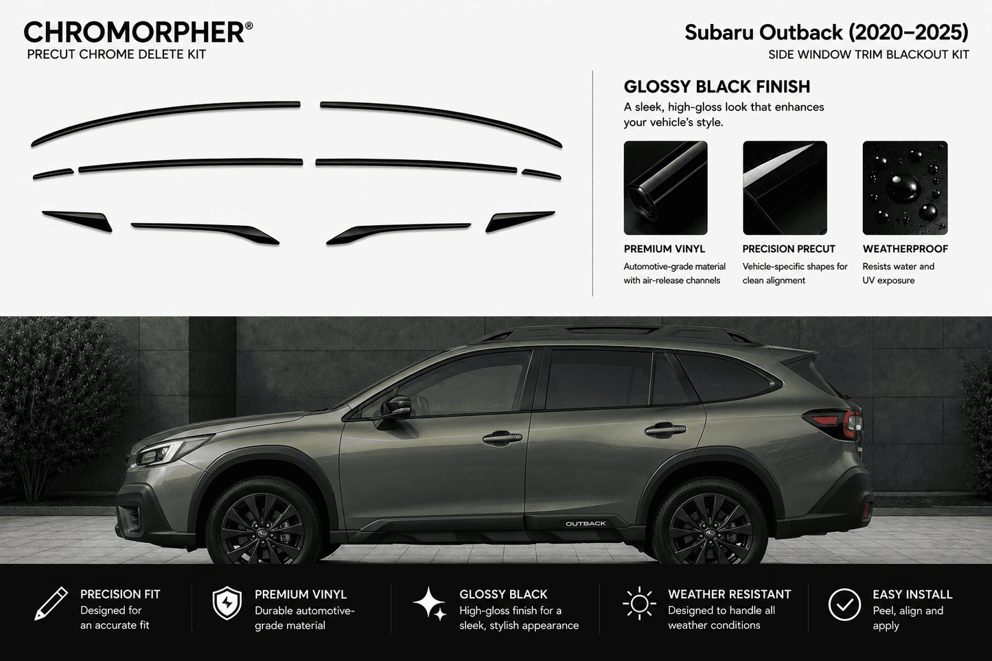 Chromorpher Subaru Outback precut chrome delete kit shown with multiple black trim pieces on a white background and a side view of a dark gray Subaru Outback demonstrating the applied effect.