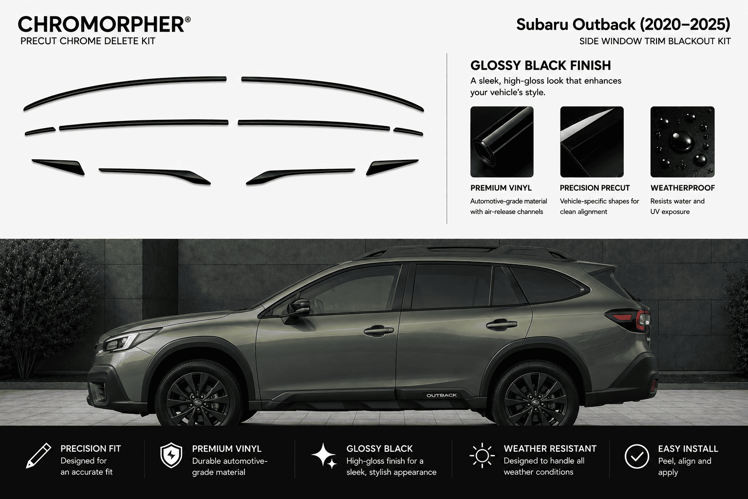Chromorpher Subaru Outback precut chrome delete kit shown with multiple black trim pieces on a white background and a side view of a dark gray Subaru Outback demonstrating the applied effect.