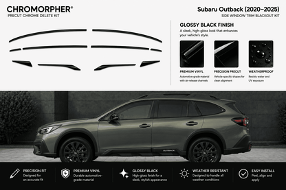 Chromorpher Subaru Outback precut chrome delete kit shown with multiple black trim pieces on a white background and a side view of a dark gray Subaru Outback demonstrating the applied effect.