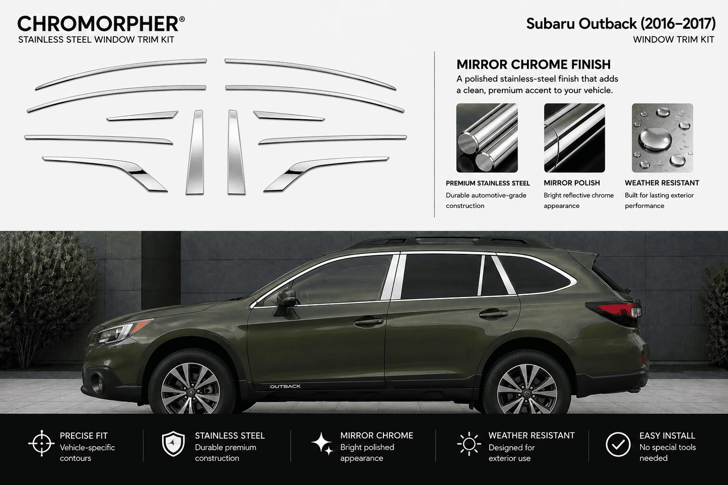 Chromorphor Subaru Outback 2016-2017 window trim kit featuring polished stainless steel mirror chrome accent pieces shown on a white background above, and installed on an olive green Subaru Outback vehicle below with feature callouts.