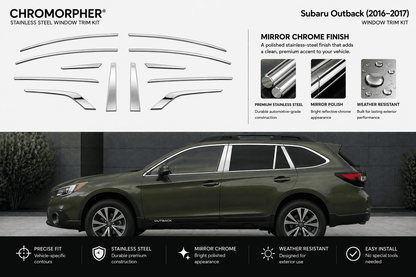 Chromorphor Subaru Outback 2016-2017 window trim kit featuring polished stainless steel mirror chrome accent pieces shown on a white background above, and installed on an olive green Subaru Outback vehicle below with feature callouts.