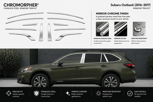 Chromorphor Subaru Outback 2016-2017 window trim kit featuring polished stainless steel mirror chrome accent pieces shown on a white background above, and installed on an olive green Subaru Outback vehicle below with feature callouts.