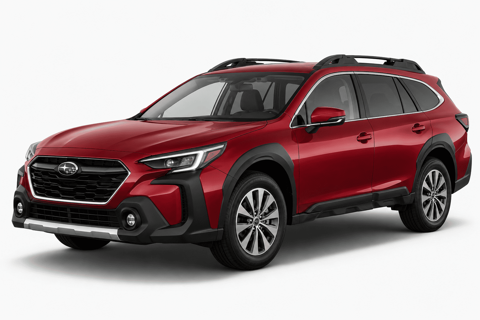 A red Subaru Outback SUV with black roof rails and black trim, shown from a three-quarter front angle on a light gray studio background.