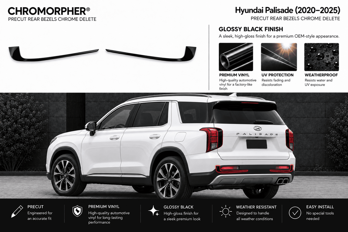 Chromorpher Hyundai Palisade (2020-2025) Precut Rear Bezels Chrome Delete kit shown with two black vinyl trim pieces on a white SUV on a dark background, with feature callouts and installation benefits.