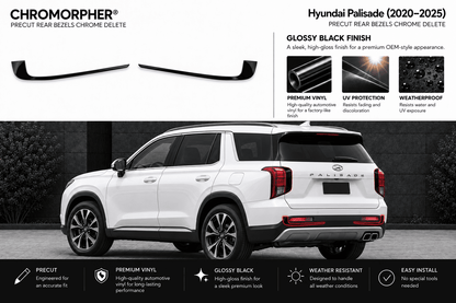 Chromorpher Hyundai Palisade (2020-2025) Precut Rear Bezels Chrome Delete kit shown with two black vinyl trim pieces on a white SUV on a dark background, with feature callouts and installation benefits.