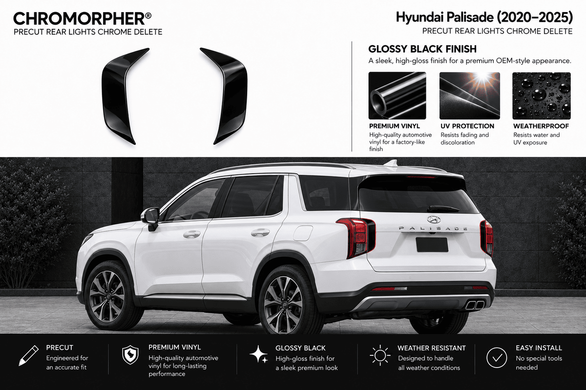 Chromorpher Hyundai Palisade chrome delete rear lights shown on a white SUV, with feature callouts and close-up product renders above.