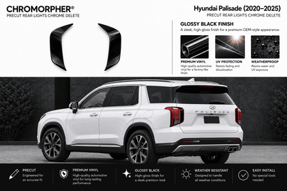 Chromorpher Hyundai Palisade chrome delete rear lights shown on a white SUV, with feature callouts and close-up product renders above.