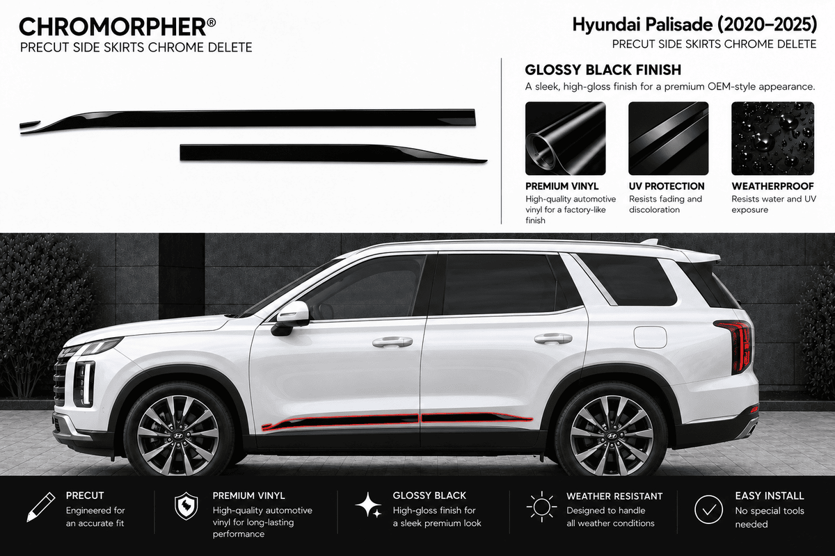 Chromorpher Hyundai Palisade precut side skirts in glossy black finish, shown applied to the side of a white SUV on a dark background with feature callouts and installation benefits.