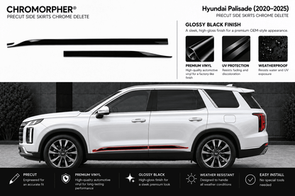 Chromorpher Hyundai Palisade precut side skirts in glossy black finish, shown applied to the side of a white SUV on a dark background with feature callouts and installation benefits.