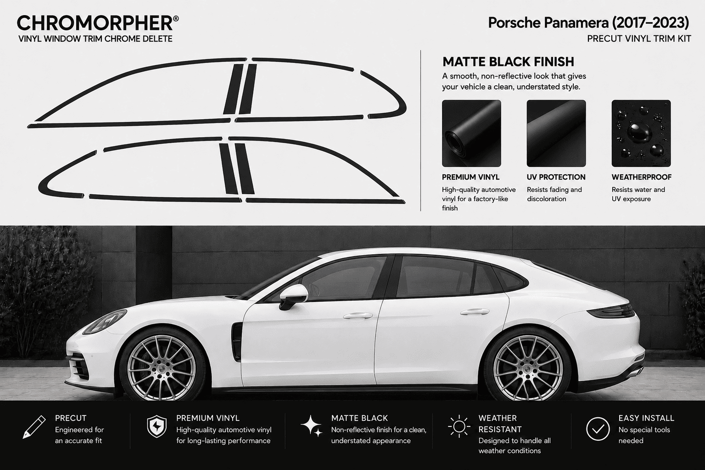 Porsche Panamera (2017-2023) Chromorpher vinyl window trim chrome delete decal kit in matte black finish. The image features the black decal pieces at the top, product features and specifications on the right, and a white Porsche Panamera car at the bottom illustrating the fitment.