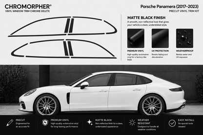 Porsche Panamera (2017-2023) Chromorpher vinyl window trim chrome delete decal kit in matte black finish. The image features the black decal pieces at the top, product features and specifications on the right, and a white Porsche Panamera car at the bottom illustrating the fitment.