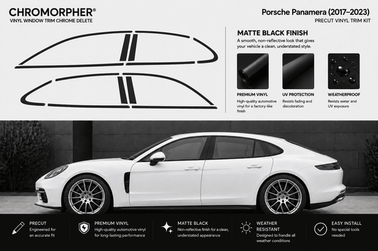 Porsche Panamera (2017-2023) Chromorpher vinyl window trim chrome delete decal kit in matte black finish. The image features the black decal pieces at the top, product features and specifications on the right, and a white Porsche Panamera car at the bottom illustrating the fitment.