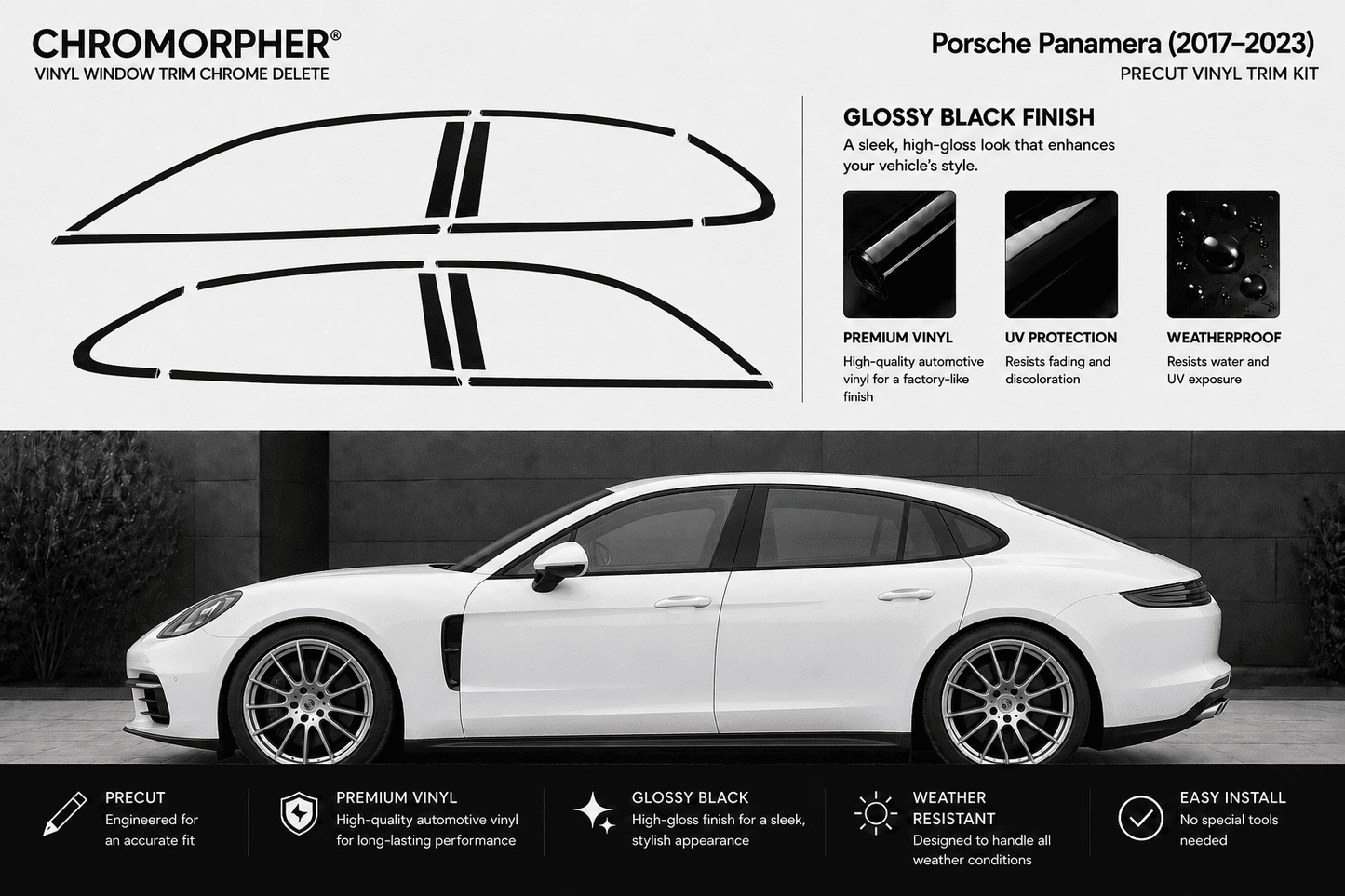 Chromorpher Porsche Panamera vinyl window trim chrome delete kit shown with black decal outlines on a white Porsche Panamera, plus feature callouts and installation benefits.