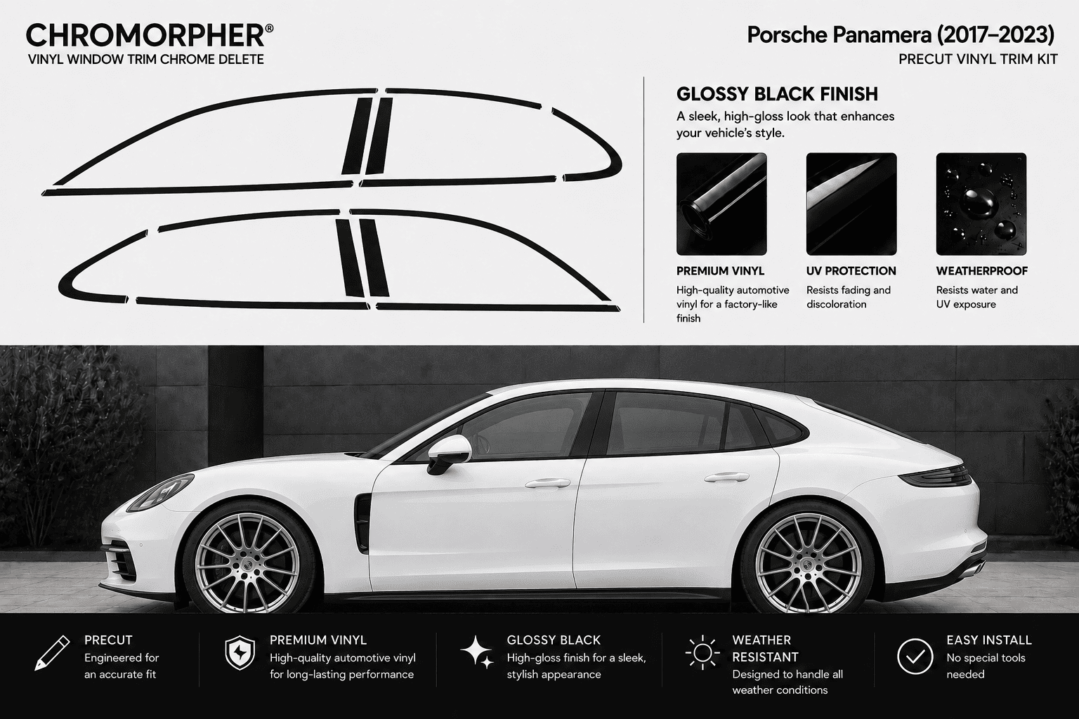 Chromorpher Porsche Panamera vinyl window trim chrome delete kit shown with black decal outlines on a white Porsche Panamera, plus feature callouts and installation benefits.