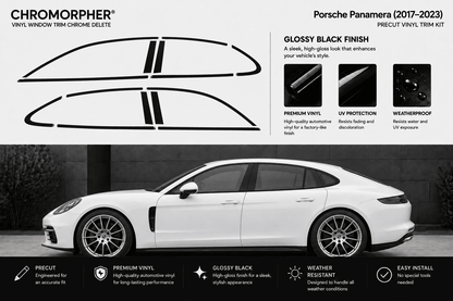 Chromorpher Porsche Panamera vinyl window trim chrome delete kit shown with black decal outlines on a white Porsche Panamera, plus feature callouts and installation benefits.