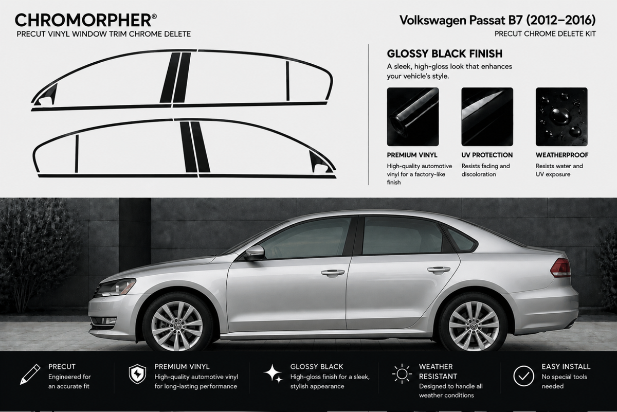 Chromorpher Precut Vinyl Window Trim Chrome Delete Kit for Volkswagen Passat B7 (2012-2016) in glossy black finish, shown with black vinyl strip graphics on a white background above a silver Volkswagen Passat sedan in a dark setting.